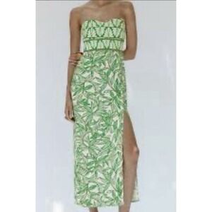 Zara | Dresses | Zara Printed Strapless Midi Dress Green Ecru Cream Leaf  Pattern | Poshmark